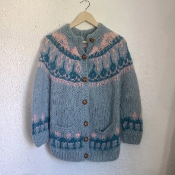 Vintage Pink & Blue Fair Isle Mohair Cardigan MEDIUM - Picture 1 of 5